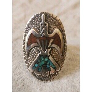Vintage Navajo Sterling Silver Turquoise Inlay Bird Ring Size 10.5-11